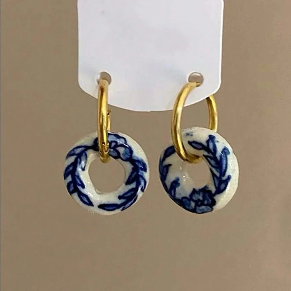 Blue White Porcelain Hoop Earrings Gold Small Hoops with Floral Ceramic Donut - Picture 5 of 5